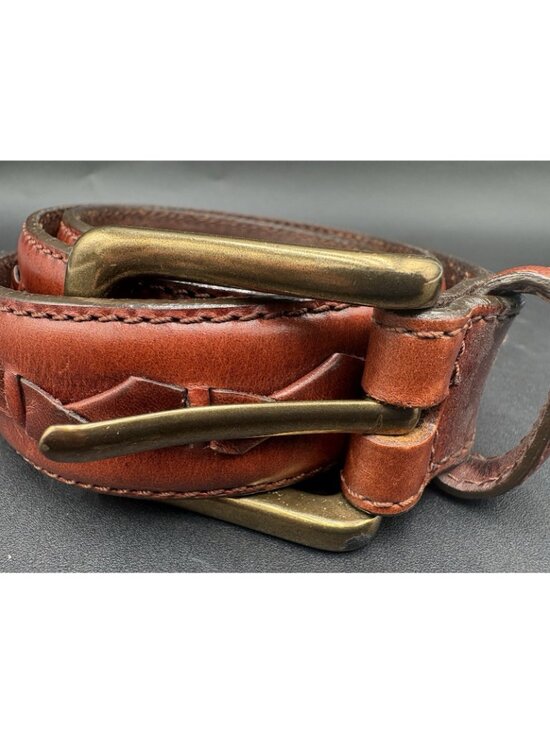 Women\'s Brown Leather Belt Braided Size 32 Stitched Belt Brass Buckle Classic main image 4